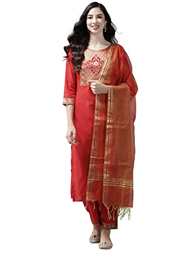 Image of INDO ERA Women's Cotton Blend Yoke Design Straight Kurta with Pant & Dupatta Set