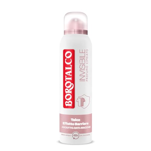 Borotalco, Deodorante Spray Invisibile Rosa, Formula Senza Alcool con Talco Effetto Barriera, Cattura e Non Trasferisce Aloni, 48h di Efficacia, Profumo Cipriato - 1 Flacone da 150 ml