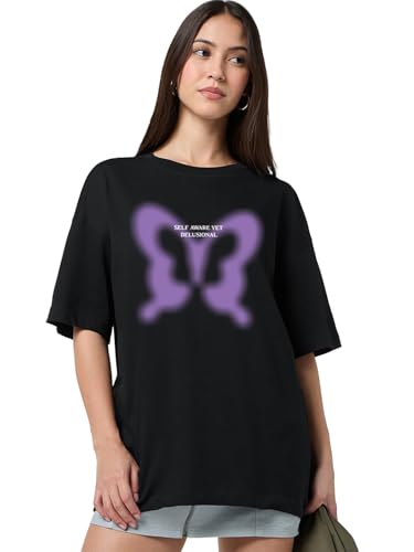 T-shirt oversize femme noir en pur coton imprimé graphique Bewakoof taille XL col rond