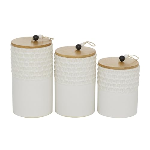 Deco 79 Ceramic Living Room Decorative Jars Textured Decorative Container with Wood Lids and Beaded Accents, Set of 3 Jar with Lid 9