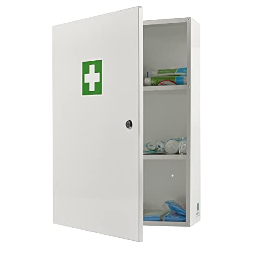 safes uk Medical 2 Medicine Storage Cabinet Shelves Wall Mounted Extra Large First Aid Lockable Metal Case for Bathroom Secure Box Locker with Child-Proof Lock Home or Office White