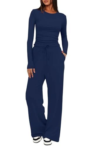Rayson Conjunto Deportivo Mujer Ancho Dos Piezas Casual Chandal Mujer Completo Manga Larga Conjunto Pantalon y Blusa con Bolsillo Elegante para Casa Fitness Jogging(Azul marino, L)