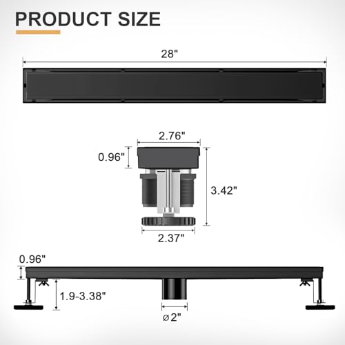 EBYTE Linear Shower Drain, 28 Inch Matte Black 304 Stainless Steel Shower Drain with Tile Insert Panels, Long Rectangle Shower Floor Drain with Adjustable Feet, Hair Catcher, Fits Bathroom, Balcony