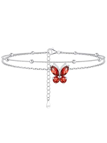 ChicSilver ChicSilver 925 Sterling Silver Anklets for Women Waterproof, Sparkling Birthstone Ankle Bracelets for Women, Adjustable Layered Butterfly Anklet Summer Beach Jewelry