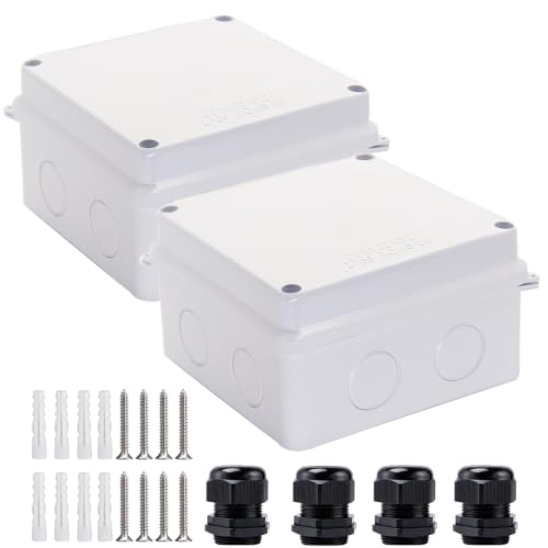 Image of Junction Box, 2 Pcs Reserved Holes Electrical Boxes Waterproof IP65 ABS Plastic Electrical Power Cord Enclosure Project Box White 3.9 x 3.9 x 2.8 inch(100x100x70mm)