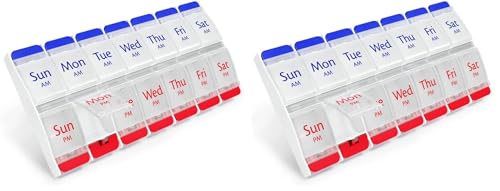 Image of EZY DOSE Push Button (7-Day) Pill Case, Medicine Planner, Daily Vitamin Organizer, 2 Times a Day AM /PM, Large Compartments, Arthritis Friendly, Easy to Use, Clear Lids, Red /Blue, BPA Free (Pack of 2)