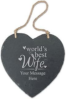 Personalised Engraved Large Hanging Heart Slate with World's Best Wife Design, Personalise with Any Message for Valentines, Anniversaries
