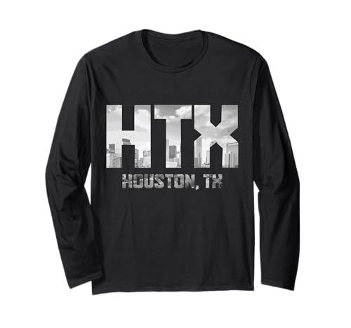 ヒューストン・テキサス HTX ビンテージ ブラック&ホワイト スカイライン プライド 長袖Tシャツ