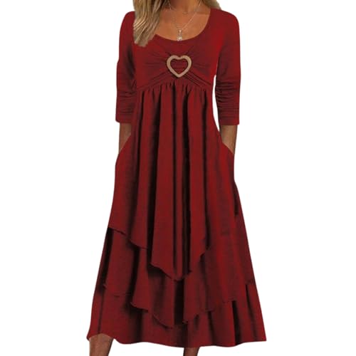 Womens Ruffle Heart Tiered Maxi Dress Swing Irregular Hem Flowy Pleated A Line Dress with Pockets