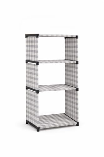 Image of 4-Tier Book Rack Bookshelf, Multi-Level Storage Organizer for Books, Magazines, Office Supplies, Space-Saving Design, Grey Check Pattern with Heavy Fabric Cover 4 layer rack