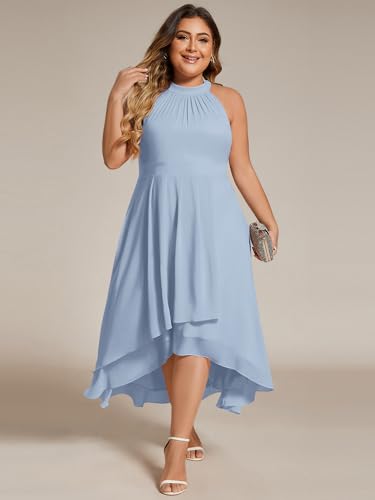 Image of Ever-Pretty Plus Women's Sleeveless Halter A Line Pleated High Low Plus Size Wedding Guest Cocktail Dresses 31926-DA