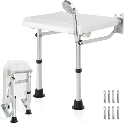 FREEAMG Tabouret de Douche Pliable Mural, Siège de Douche Réglable en Hauteur avec Pieds Antidérapants, Chaise de Douche pour Personnes âgées, Femmes...
