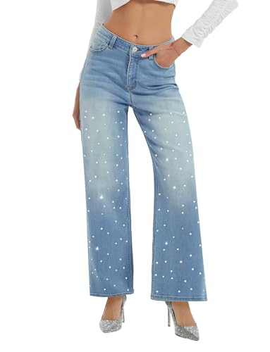 PAOLA RIBONI Womens Mid Waisted Rhinestone Jeans Straight Wide Leg Vintage Wash Sparkling Bling Shiny Sequin Trouser (US, Alpha, XX-Large, Regular, Regular, Light Blue)