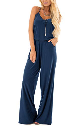Infitty Womens Summer Casual Sleeveless Spaghetti Strap Sexy Jumpsuit Rompers Wide Leg Pants Navy Blue X-Large #TOP1