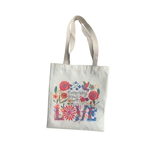 Jaime de Juan Leather Bolsa Tote Bag Regalo para para pofesoras, madres, amigas, abuelas, monitoras, entrenadores... con la frase Everything grows with love. Bolso muy util y muy ligero. (Floral)