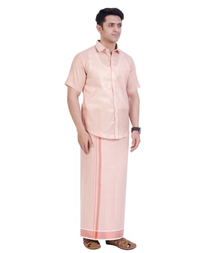 Image of Men's Traditional Indian Shirt and Dhoti Set, Half Sleeves Tissue Silk Cotton Shirt With Dhoti 2 metres for men