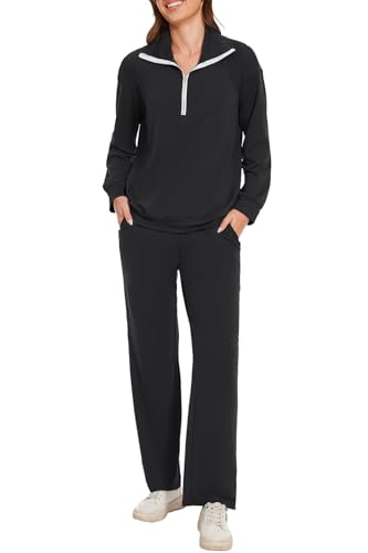 Molirex Trainingsanzug Damen Langarm Zweiteiler Jogginganzug Set Halbem Reißverschluss Tracksuits Streatwear Baumwolle Freizeitanzug Schwarze L