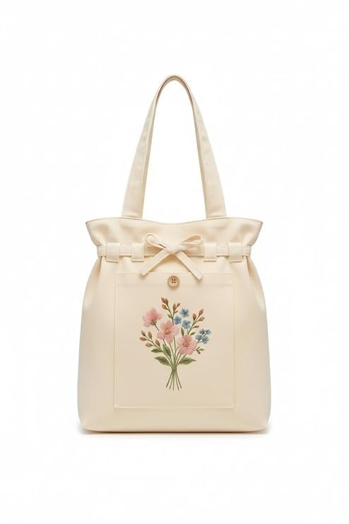 Embroidered Flower Tote Bag with 100% Cotton Lining Inner Pocket Button Detail for Daily Use Travel College Shopping Office & Casual Wear Lightweight Tote for Ladies & Girls-image-7