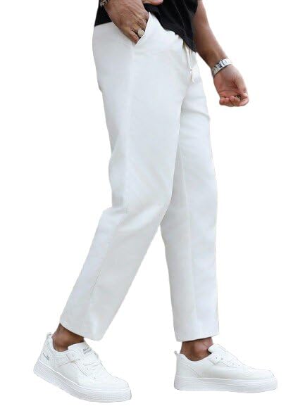 dormitorry High Waist Wide Leg Trousers for Men Loose Fit Track Pants Soft Stretch Fabric Comfortable Breathable Casual Lounge Bottom Wear with Drawstring Stylish Look (in, Alpha, S, White)-picture-30
