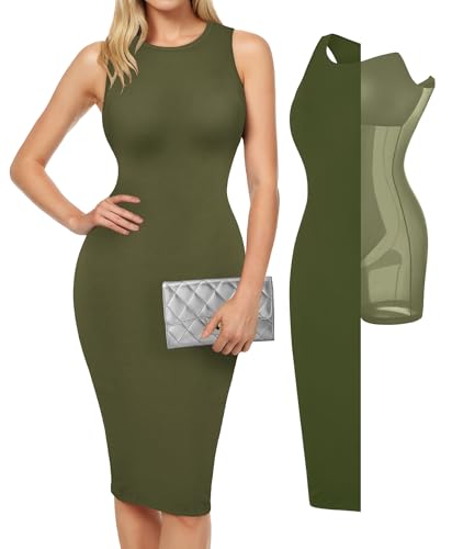 Image of Popilush Women's Bodycon Dress Ruched Sleeveless Slimming Shapewear Casual Club Evening Party Cocktail Midi Fall Dresses