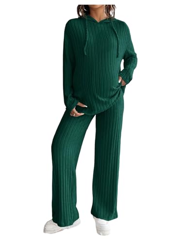 MakeMeChic Women's Maternity 2 Piece Outfits Lounge Set Ribbed Knit Long Sleeve Hoodie and Pants Pregnancy Set Dark Green Solid Large