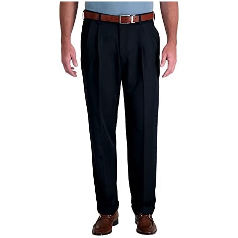 Haggar Men's Mynx Gabardine Pleat-Front Dress Pant with Hidden Expandable Waist, Navy, 34W x 30L Cover