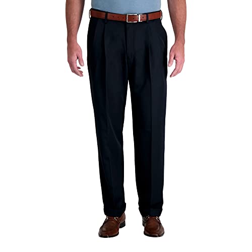 Haggar mens Mynx Gabardine Hidden Expandable Waistband Classic Fit Front Pleated Dress Pant, Navy, 34x32