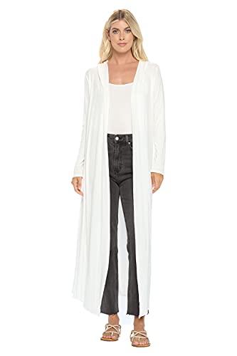 Image of Isaac Liev Women's Maxi Cardigan Casual Trendy Extra Long Open Front Floor Length Drape Lightweight Duster Cardigans- Womens Sweaters with Hoodie 197 WHT XL