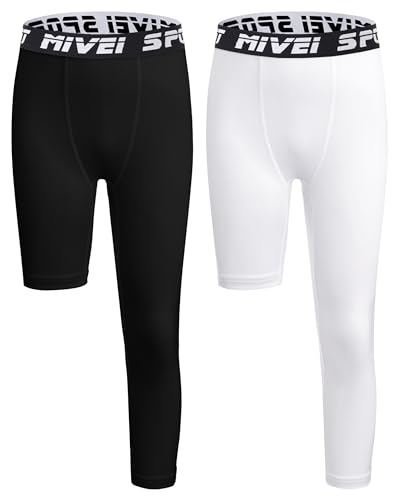 MIVEI Youth Boys One Leg Compression Pants Basketball Leg Sleeve Girls Single Tights Kids 3/4 Leggings Sports Base Layer