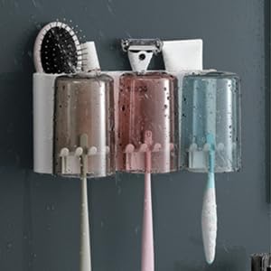 Image of Wall Mounted Toothbrush Holder | Bathroom Toothbrush Organizer with Magnetic Mouthwash Cups | Multi-Compartment, Dustproof & BPA-Free Brush Holder for Bathroom Storage 3 Section (3 Cup)