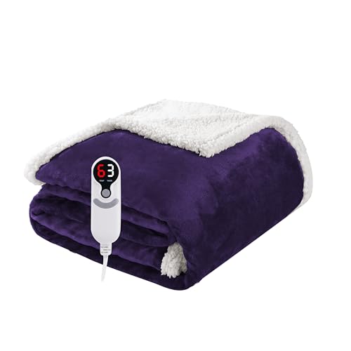 Electric Heated Blanket Throw Size 50x60 Soft Flannel with Overheat Protection 9 Adjustable Heat Settings & 10-Hour Auto-Off Timer Fast Heating for Winter Comfort for Office & Chair Dark Purple