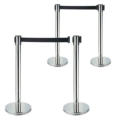 4 Postes Separadores con Cinta Extensible De 2 Metros Color Negro Barreras Retráctiles de Acero Inoxidable Cinturón de...