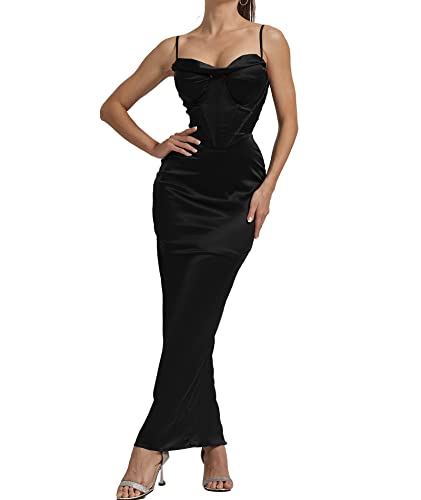 Image of Sexyshine Women's Spaghetti Strap Cowl Neck Satin Corset Dress Bodycon Backless Formal Evening Party Maxi Dress