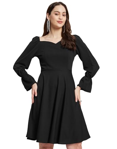 Image of SIRIL Women's Full Sleeve Polyester Solid Fit & Flare Dress, One Piece Dress for Women