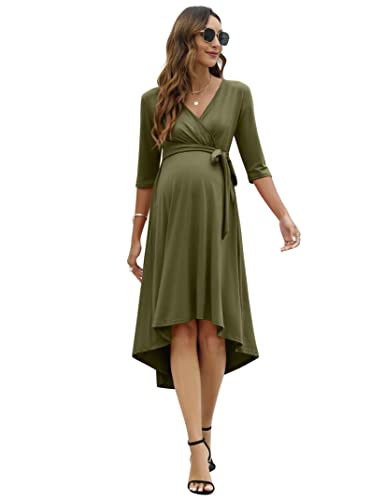 KOJOOIN Damen Umstandskleid Festlich Stillkleid V-Ausschnitt 3/4 Ärmel Schwangerschaftskleid mit Taillengürtel Armeegrün S