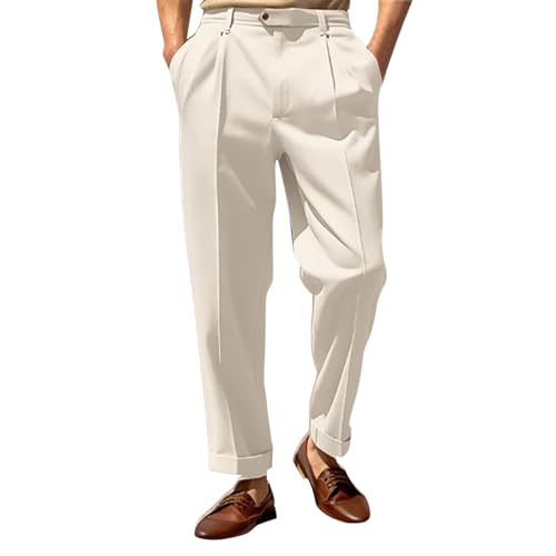 Pantalones chinos informales, elásticos, cómodos, sólidos, para hombre, pantalones de traje con corte frontal plano clásico, pantalones de tela anchos, pantalones chinos de verano, Blanco, L