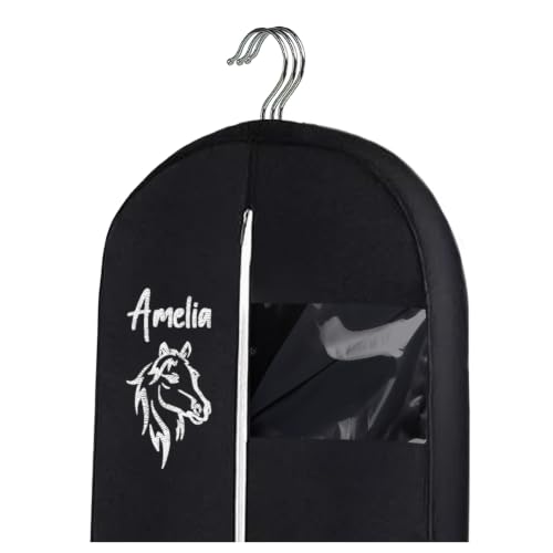 Personalized Garment bag for Hanging Clothes -Embroidered Horse Show Breathable Black Uniform Bags With 2 Mesh Pockets for Horse Show Riding Wear, Contest Uniform, Custom Cover Bag with Carry Handle
