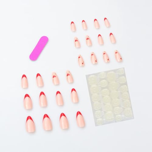 Image of Red French Tip Press On Nails Heart False Nails Medium Almond Glossy Acrylic Full Cover Nude Pink Stick On Nails for Women Manicure