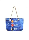 Bolsa Sacola de Praia com Alça de Corda Azul com Estampa Mar Doce Lar Design Ondas e Sol Lua