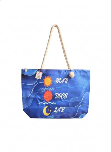 Bolsa Sacola de Praia com Alça de Corda Azul com Estampa Mar Doce Lar Design Ondas e Sol Lua