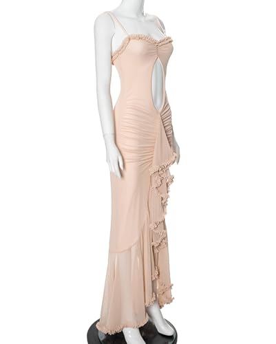 Image of houstil Women's Strap Ruffle Casual Summer Dress Mesh Beach Party Maxi Cocktail Evening Holiday Wedding Guest Dresses