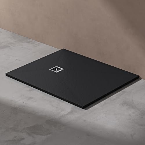 doporro Duschwanne Duschtasse 100x120x3cm aus Mineralguss in Anthrazit Rechteckig DIN-Anschlüsse für bodenebene Montage geeignet Geoma 09