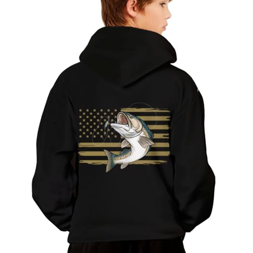 Fishing US American Flag Bass Fish Fisherman Youth Hoodie with Kangaroo Pocket and Stylish Design2