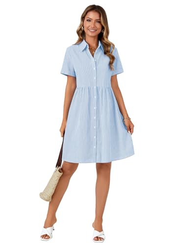 Image of Rooscier Women's Striped Shirt Dress Button Down Collared Short Sleeve Mini Dress