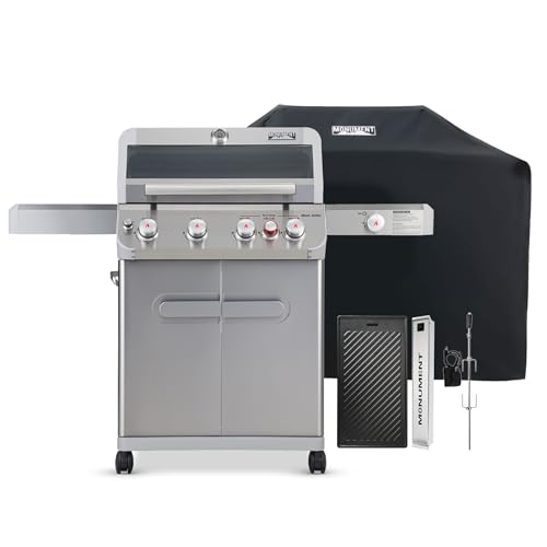 Monument Grills Outdoor Barbecue Stainless Steel 4 Burner Propane Gas Grill, 62,000 BTU Patio Garden Barbecue Grill with Side Burner, Mesa415BZ with Accessory Kit(5 items)