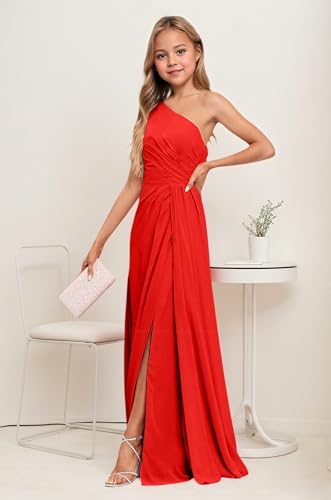 Junior Bridesmaid Dresses for Teen Girls One Shoulder Chiffon Flower Girl Dress Red Long Party Pageant Gowns Size 102