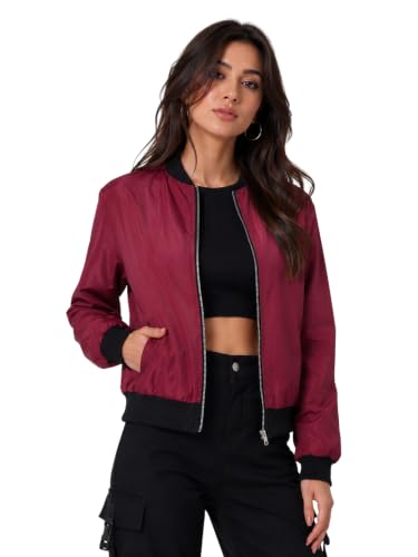 Image of Women's Bomber Jacket | Lightweight Zip-Up Casual Jacket | Full Sleeve Ribbed Collar Solid Jacket with Pockets | Stylish Outdoor Windcheater