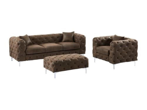 Vente-unique Chesterfield Sofa-Set, Mikrofaser, Braun, 220 cm x 91 cm x 76 cm, 3er Set (Sofa, Sessel, Hocker), Vintage-Leder-Optik, Edwina – Bild 3