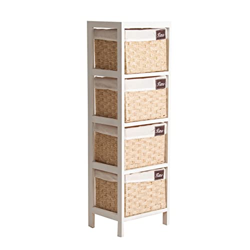 Lastdeco - Sinforner YEGEN | Sinfonier Color Blanco Natural de Madera Paulownia - Mueble Comoda Cajones - 4 Cajones de Mimbre - 30 x 24 x 97 cm Cover
