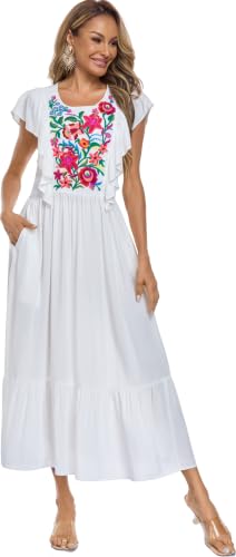 Image of Women's Summer Maxi Dress Casual Floral Embroidered Round Neck Short Sleeve Ruffle Tiered Dress Flowy Boho Beach Sundress